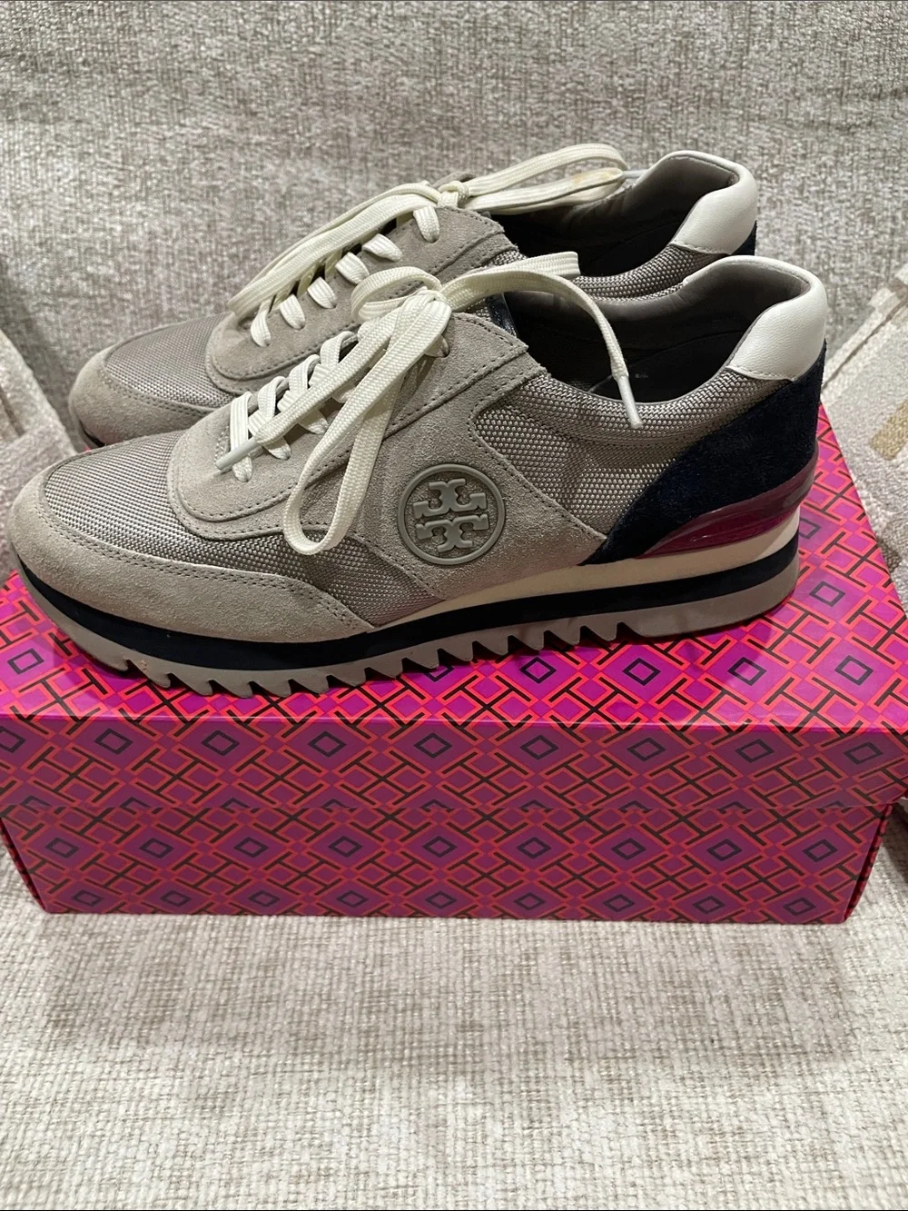 Tory Burch Taupe Suede & Mesh Platform Sneaker with Black and Burgundy Accents